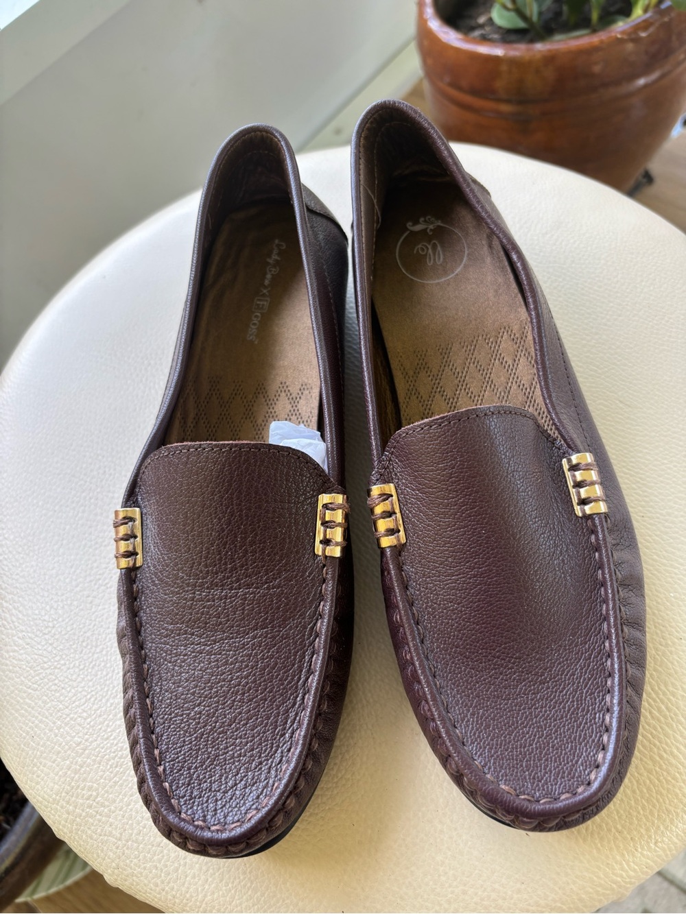 Women’s Dark Brown Leather Moccasin Loafers with Gold Accent